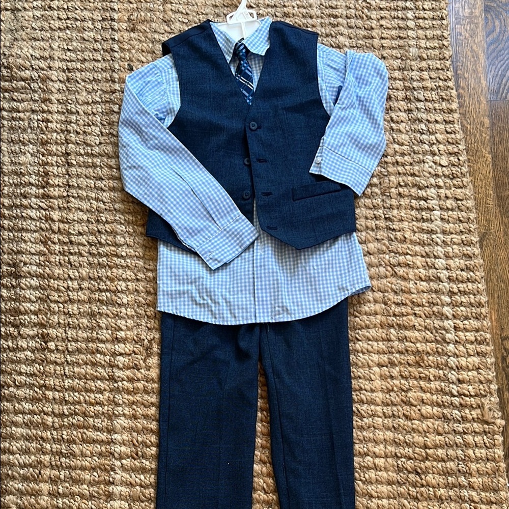 Boys Blue Checkered Shirt with Navy Vest and Pants Set